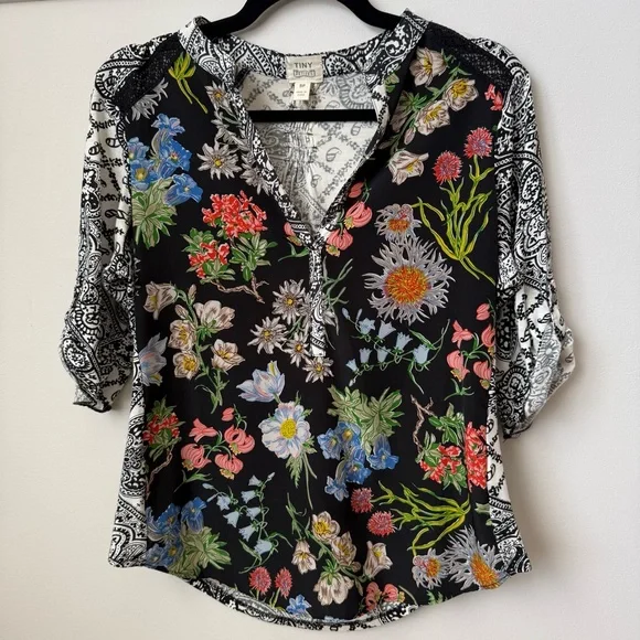 Anthropologie Tiny Lacona Popover Floral Blouse Multicolor Split Neck Boho SP - Picture 2 of 10